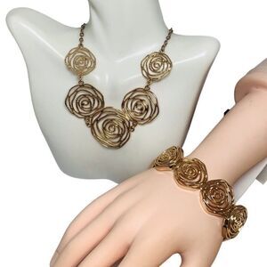 Gold Tone Swirl Rose Statement Pendant Chain Necklace And Bracelet Set 23”